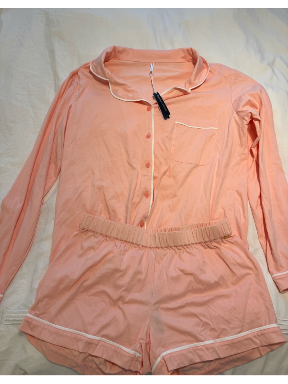 Women's Peach Long-Sleeve Button Pajama Set with Shorts